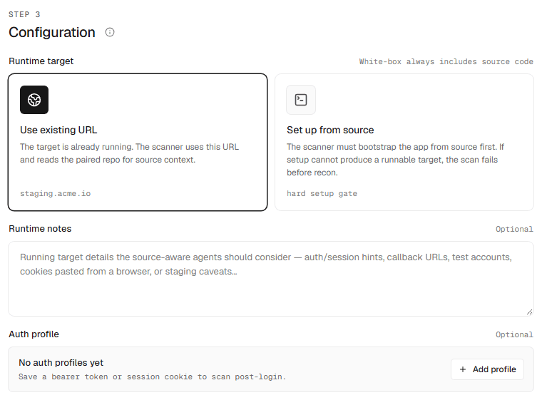 The Configuration step: choosing an authentication profile.