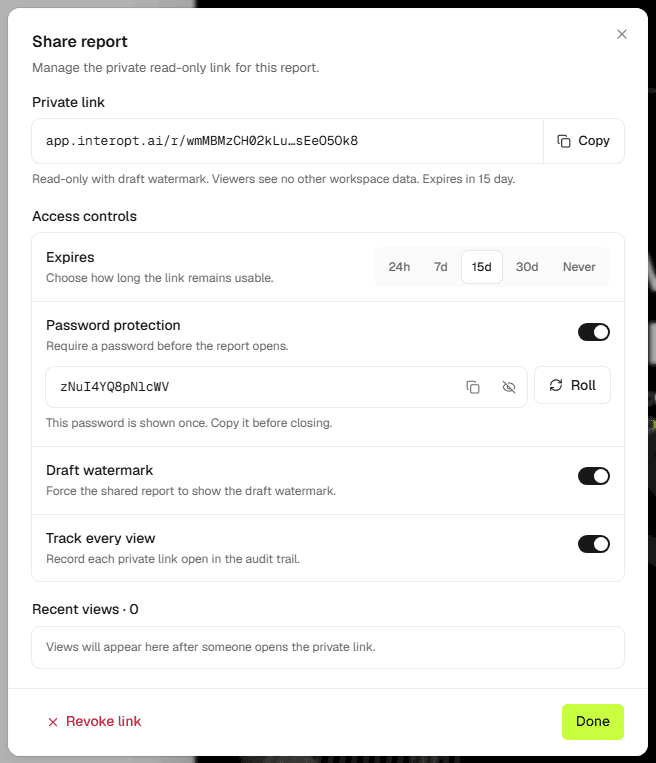 The Share report dialog: private link, expiry, password, and view tracking.