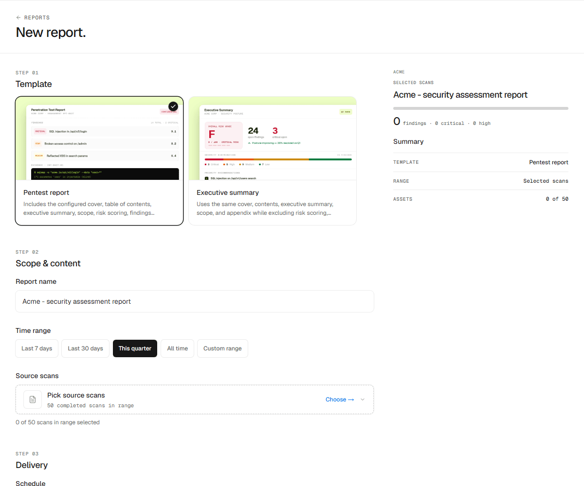 The report builder, starting from a template.