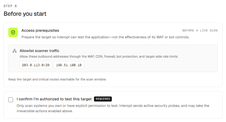 The Access prerequisites block in the New scan form.