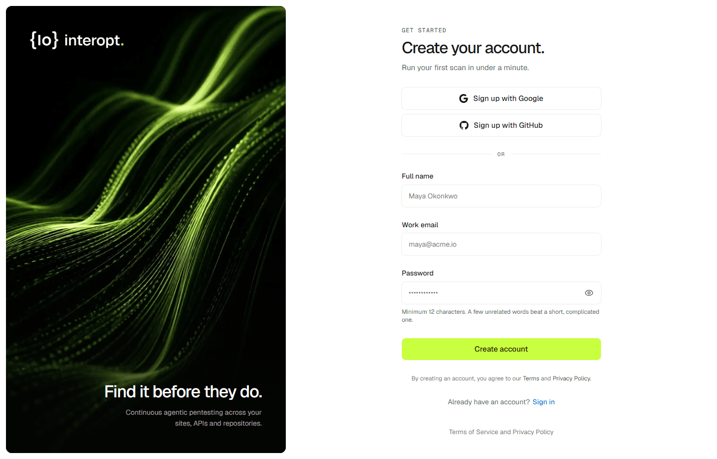 The interopt sign-up screen, with Google, GitHub, and email options.